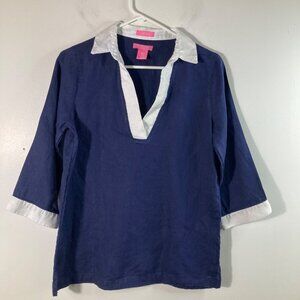 Womens Isaac Mizrahi V Neck Linen Pullover Shirt Navy White S Linen 3/4‎ Sleeve